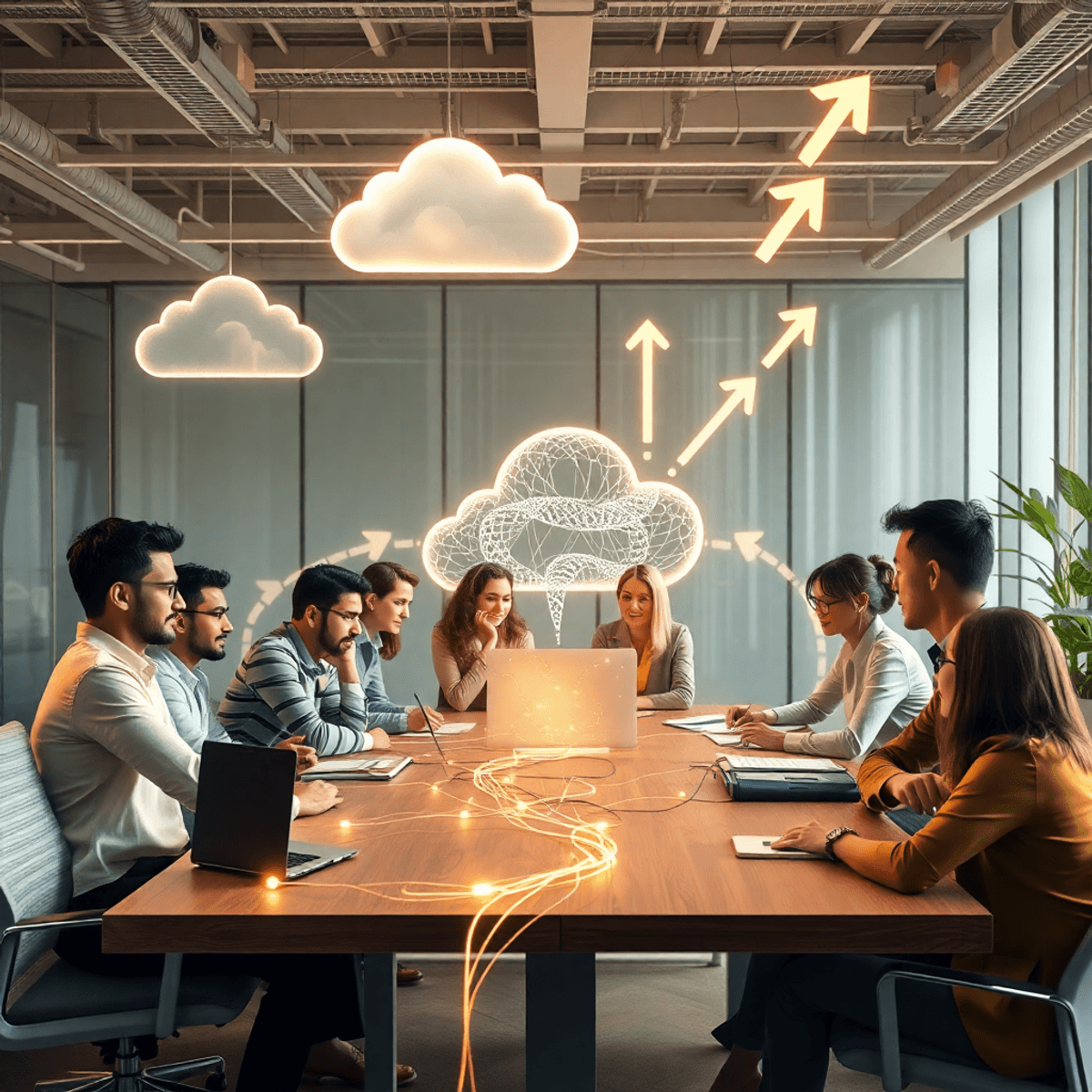 Professionals collaborating around a table in a modern office with glowing network cables, abstract cloud shapes, and bright arrows under warm natu...