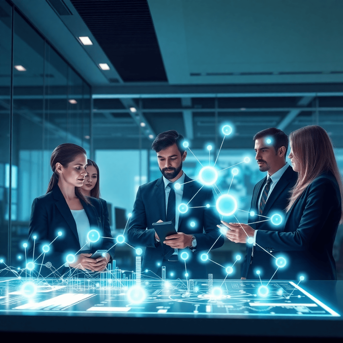 Professionals in a modern office analyzing glowing digital data streams and interconnected nodes, with blue and green tones symbolizing technology ...