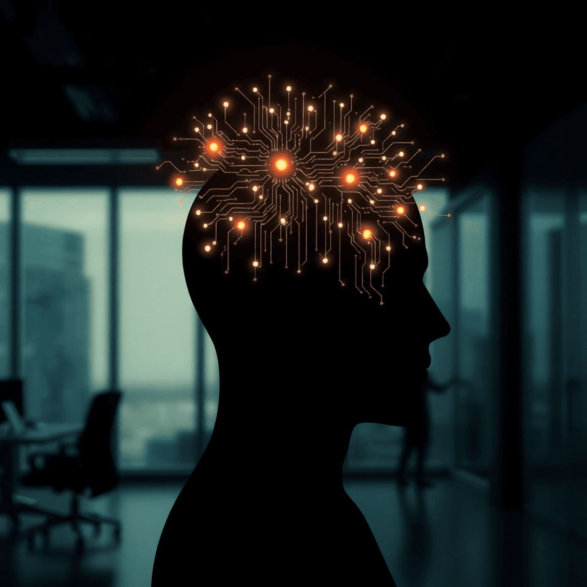 Silhouette of a human head with glowing digital circuits inside, set against a blurred corporate office background with shadows and light contrasts.