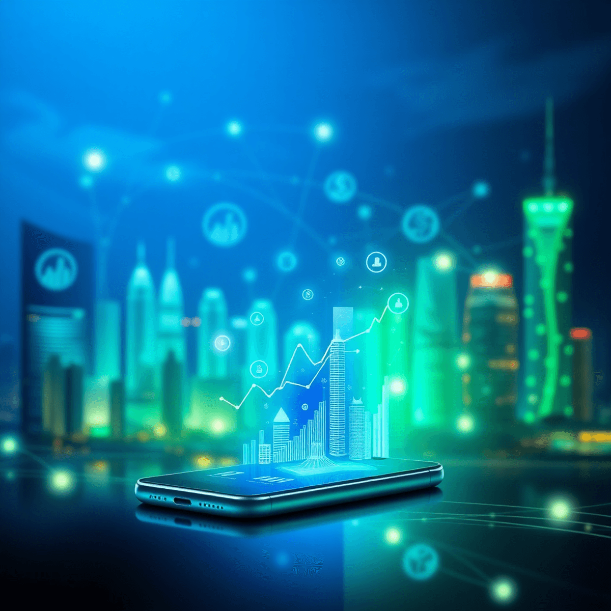 Smartphone showing financial graphs and icons with glowing digital connections and a futuristic cityscape in blue and green tones.