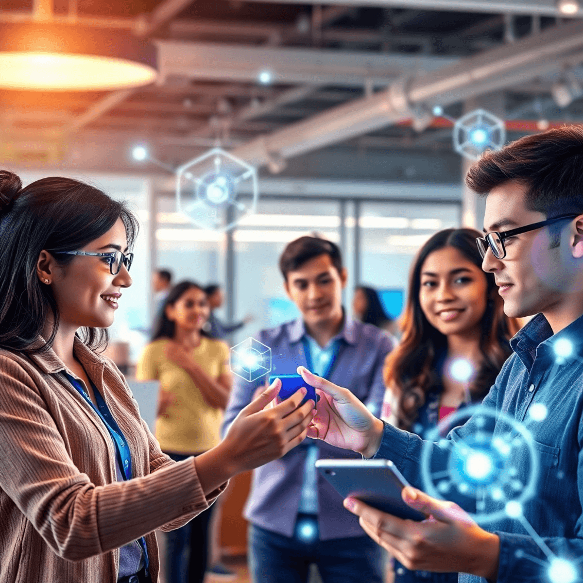 Young adults in a vibrant, modern workspace interacting with glowing holographic technology and floating geometric shapes, symbolizing innovation a...